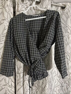 Plaid Wrap Tie-Front Blouse - Black and Gray